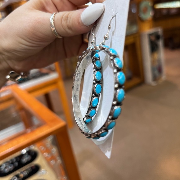 Native American sterling silver turquoise hoops
